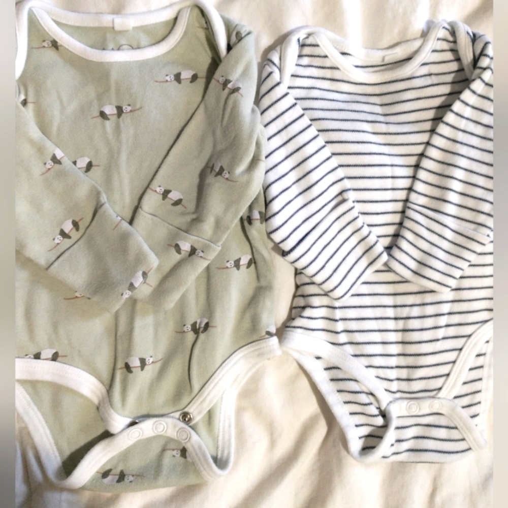 Baby Long-Sleeve Bodysuit Set - Sage Panda & Navy Stripe